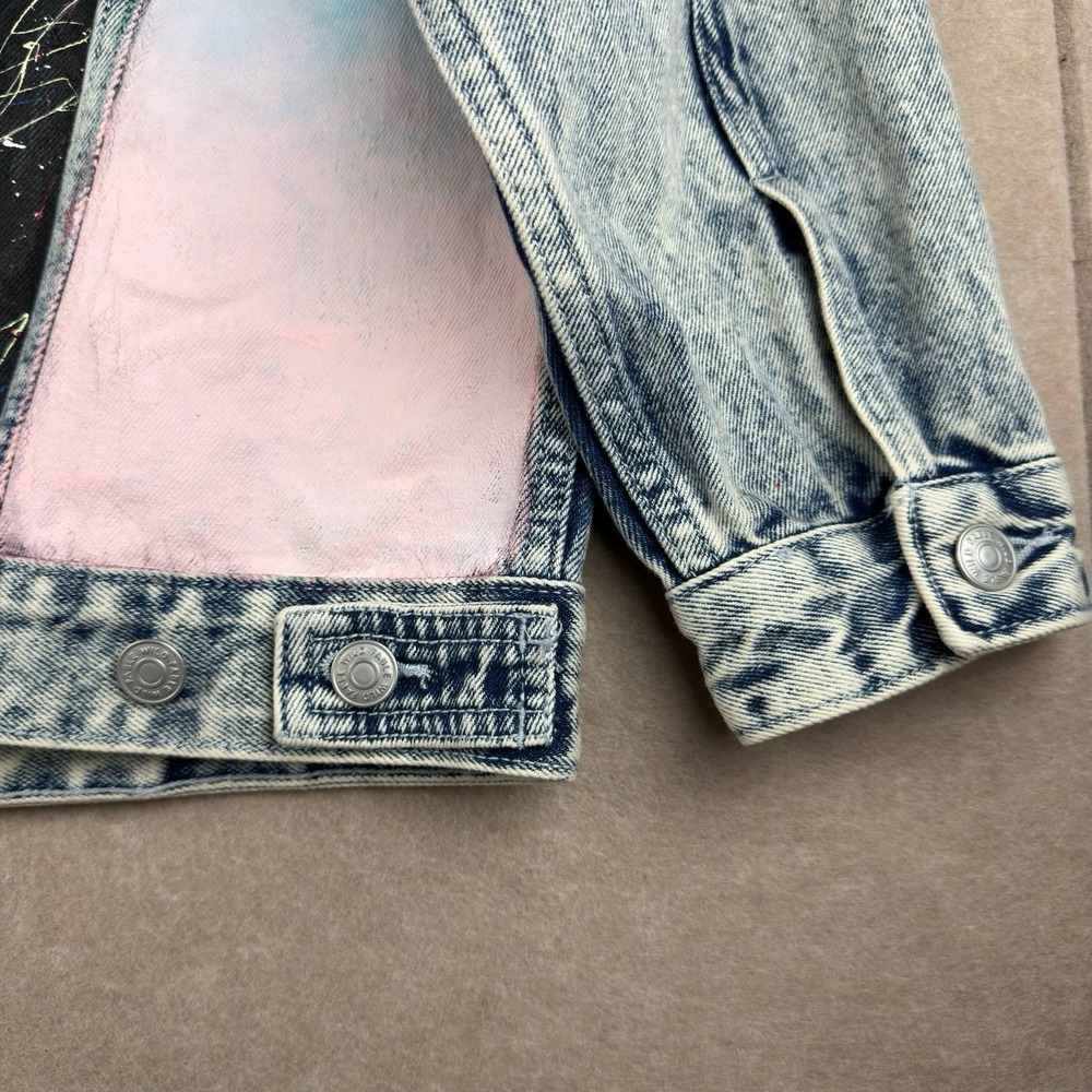 Wild Fable Denim Jacket Women L Acid Wash Palm Tree‎ Floral Painted Retro Art - Picture 12 of 16